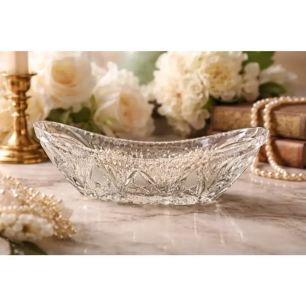 Vintage Cut Glass Canoe Bowl Hobstar Starburst Banana Dish Crystal Centerpie
